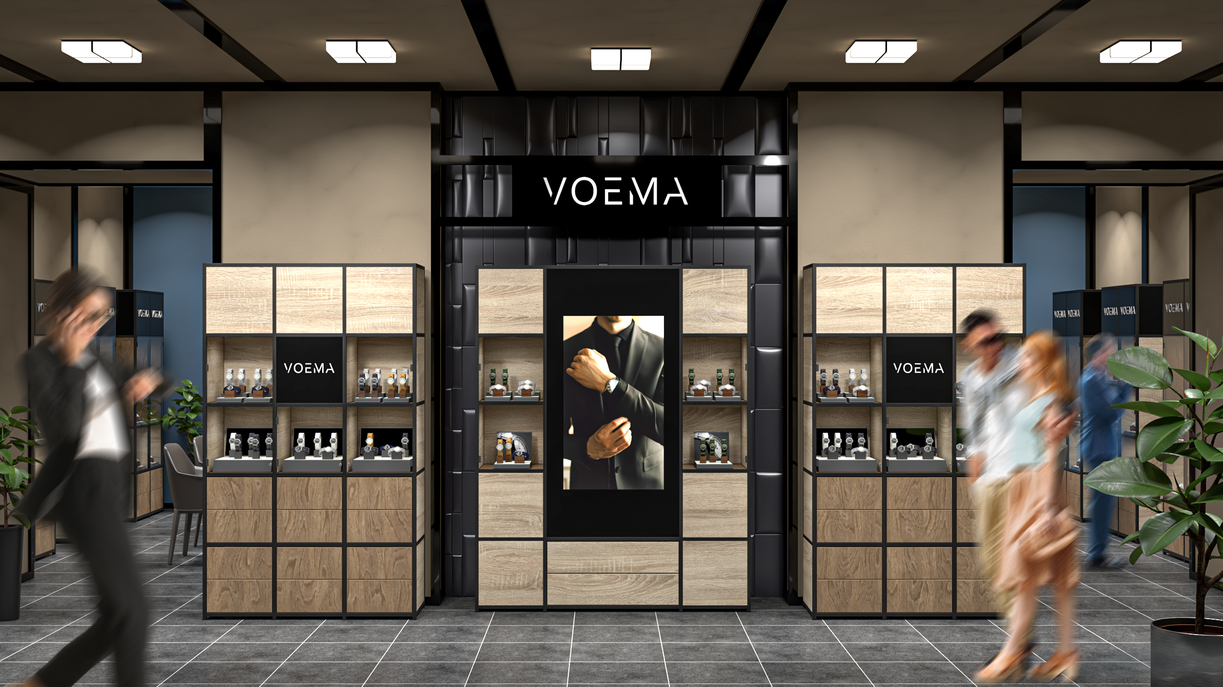 Meble sklepowe na wymiar w stylu industrialnym. Projekt dla salonu jubilerskiego z metalową konstrukcją i drewnianymi wypełnieniami.