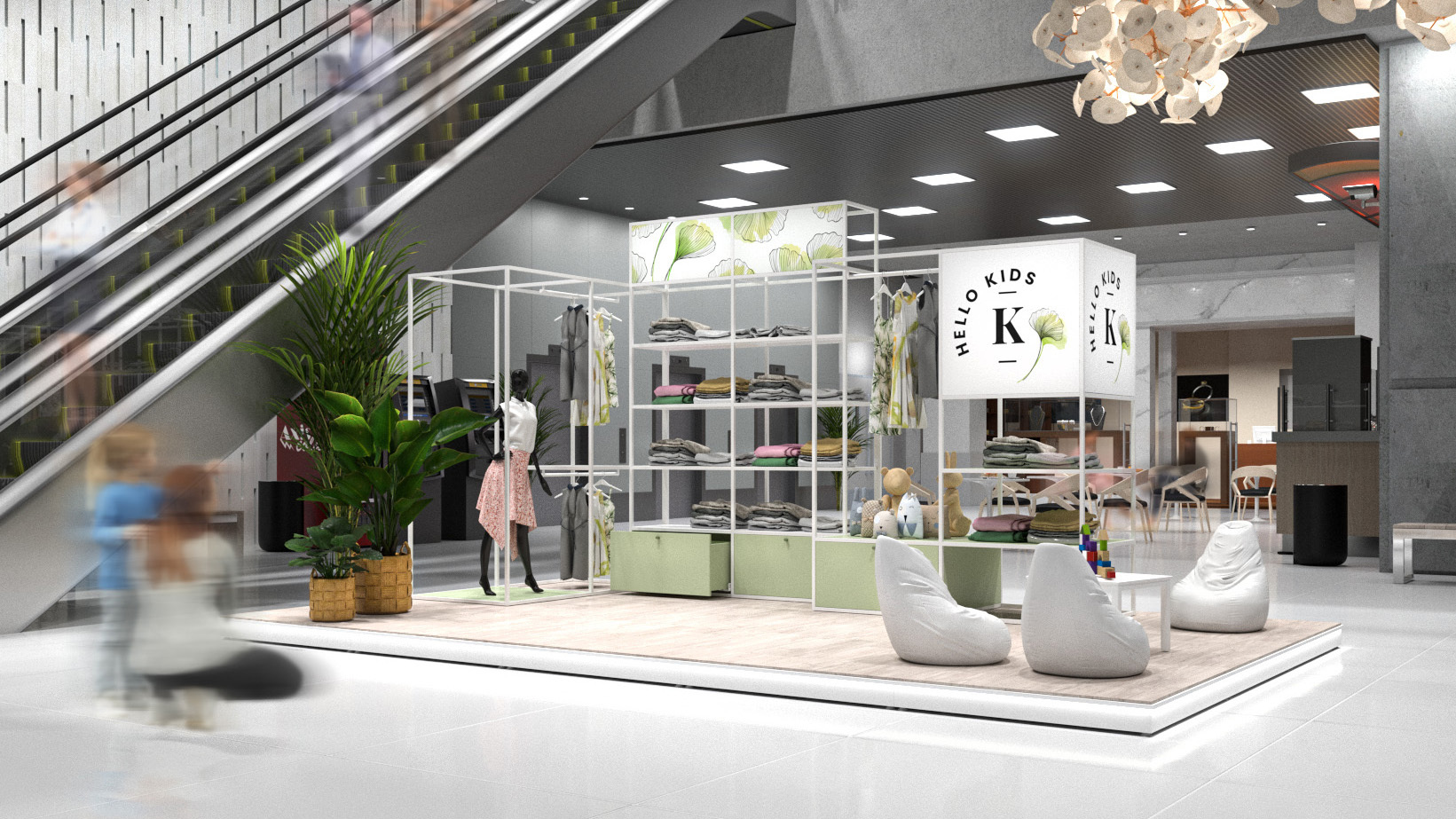 Wyspa handlowa uzupełniona o regały sklepowe to rozwiązanie zapewniające odpowiednią przestrzeń do ekspozycji i przechowywania asortymentu - projekt stoiska do galerii handlowej
