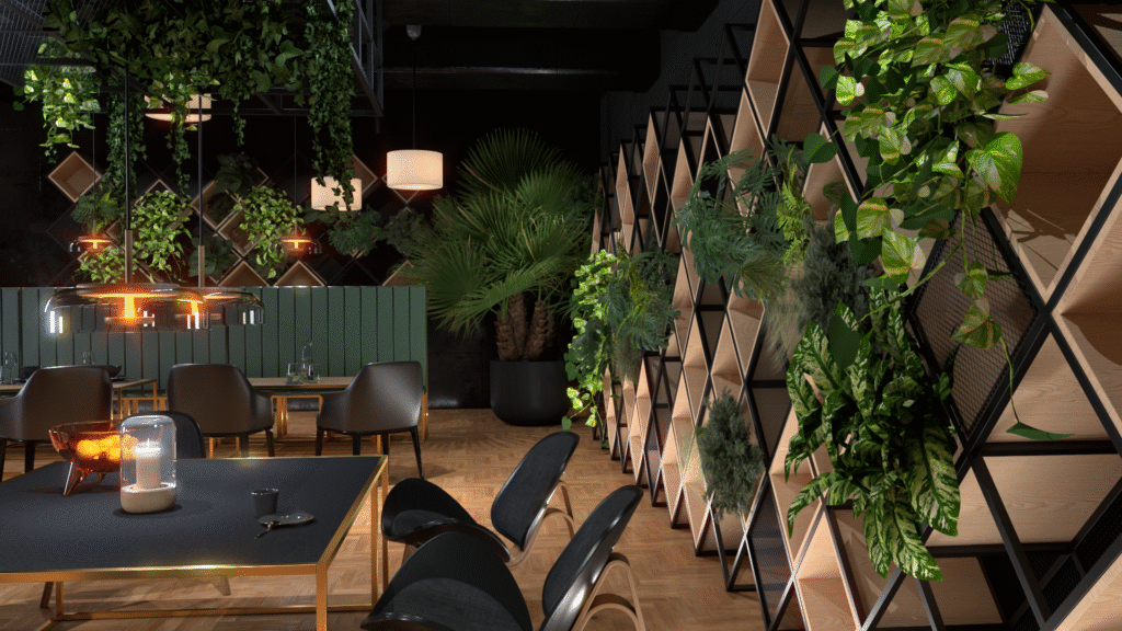 Projekt przestrzeni handlowej z wykorzystaniem trendu biophilic design. 